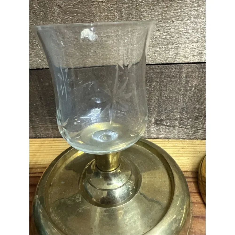 Vintage Brass Candle Holders Glass Starburst Votive Holders Set Of 2